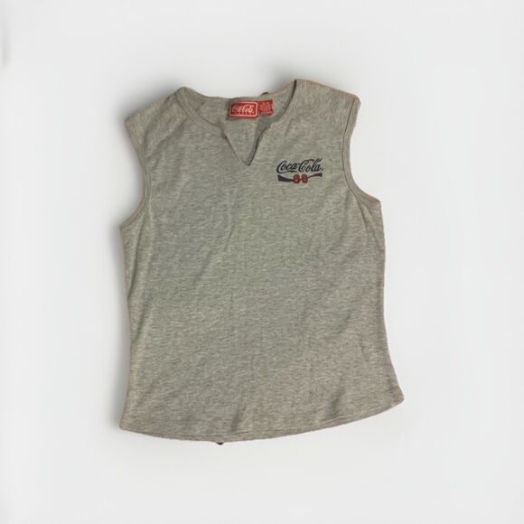 Y2K Coca-Cola Women’s XL Gray Ribbed Tank Top Red Logo Biker V-Neck Vintage - Picture 1 of 6